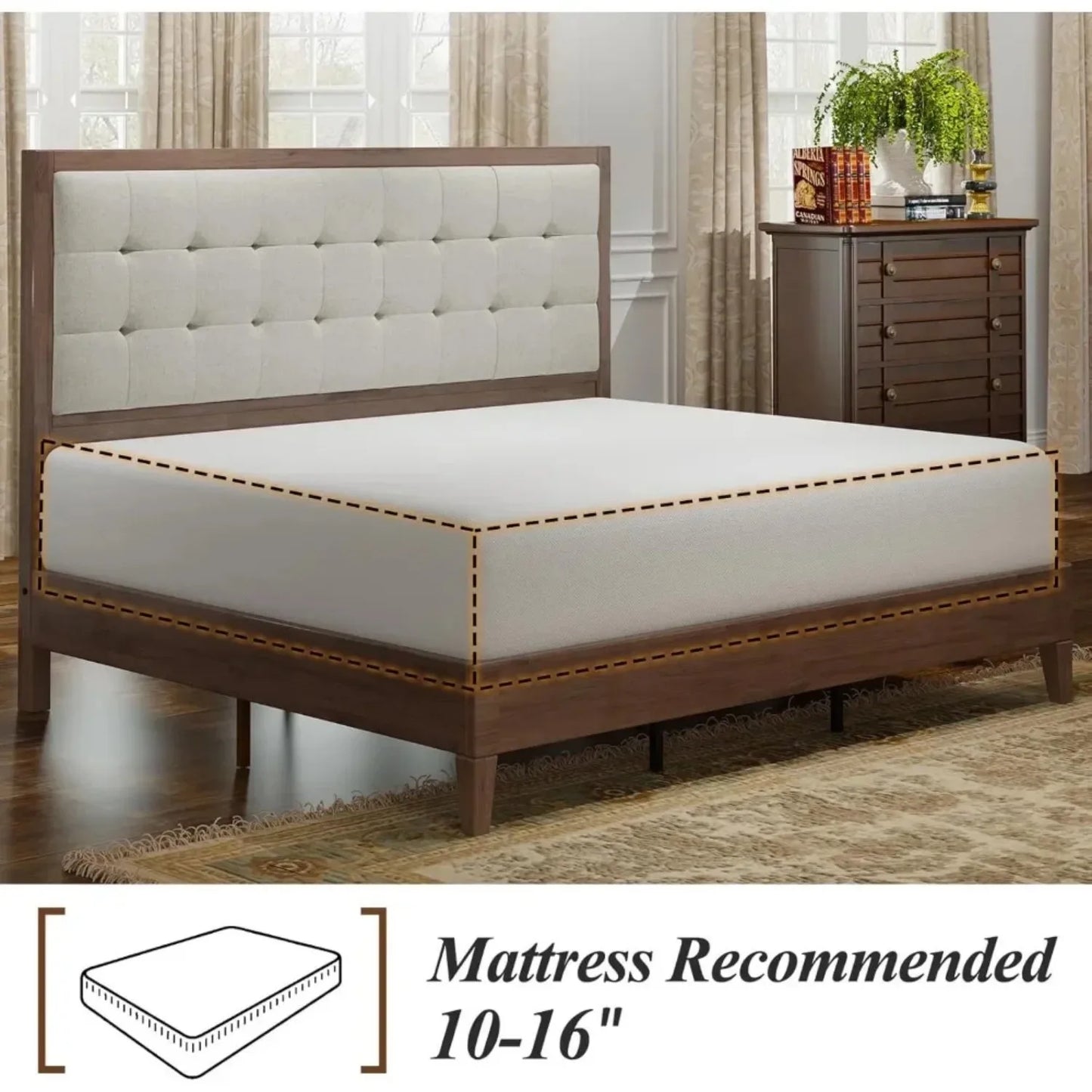 Wood Platform Bed Frame King Size Upholstered Tufted Headboard/Solid Wood Bed No Box Spring Needed,Walnut