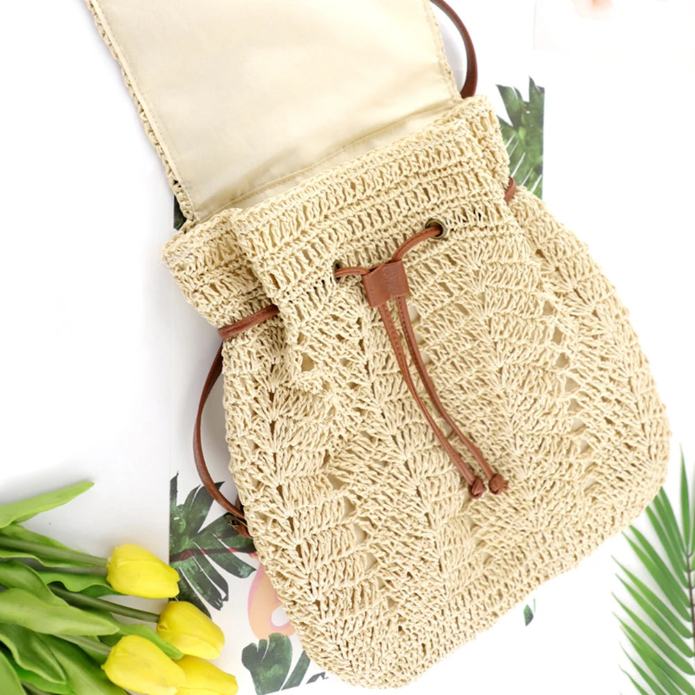 Women Straw Backpack Shoulders Bag Handmade Woven Casual Beach Top Handle Bag