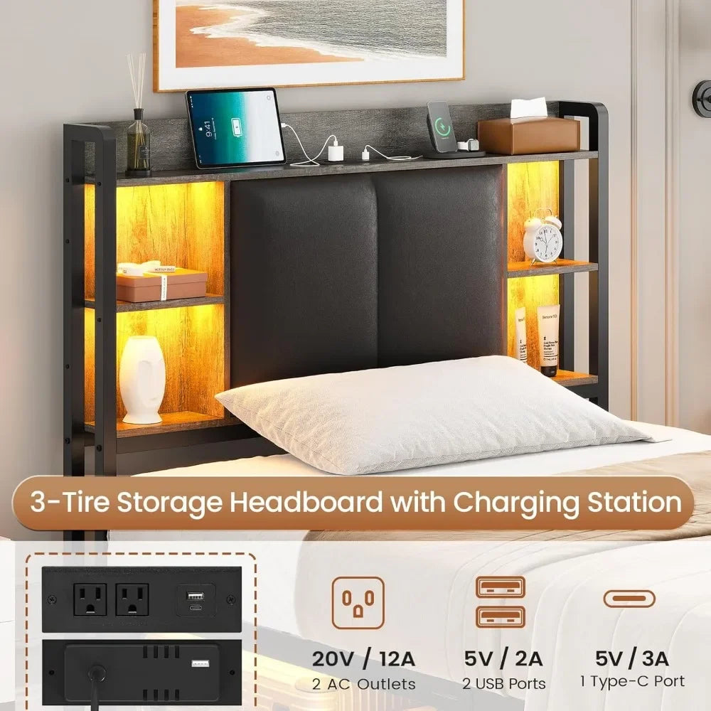Twin Bed Frames with Headboard and 2 Storage Drawers, Twin Bed Frame with Charging Station and Led Lights