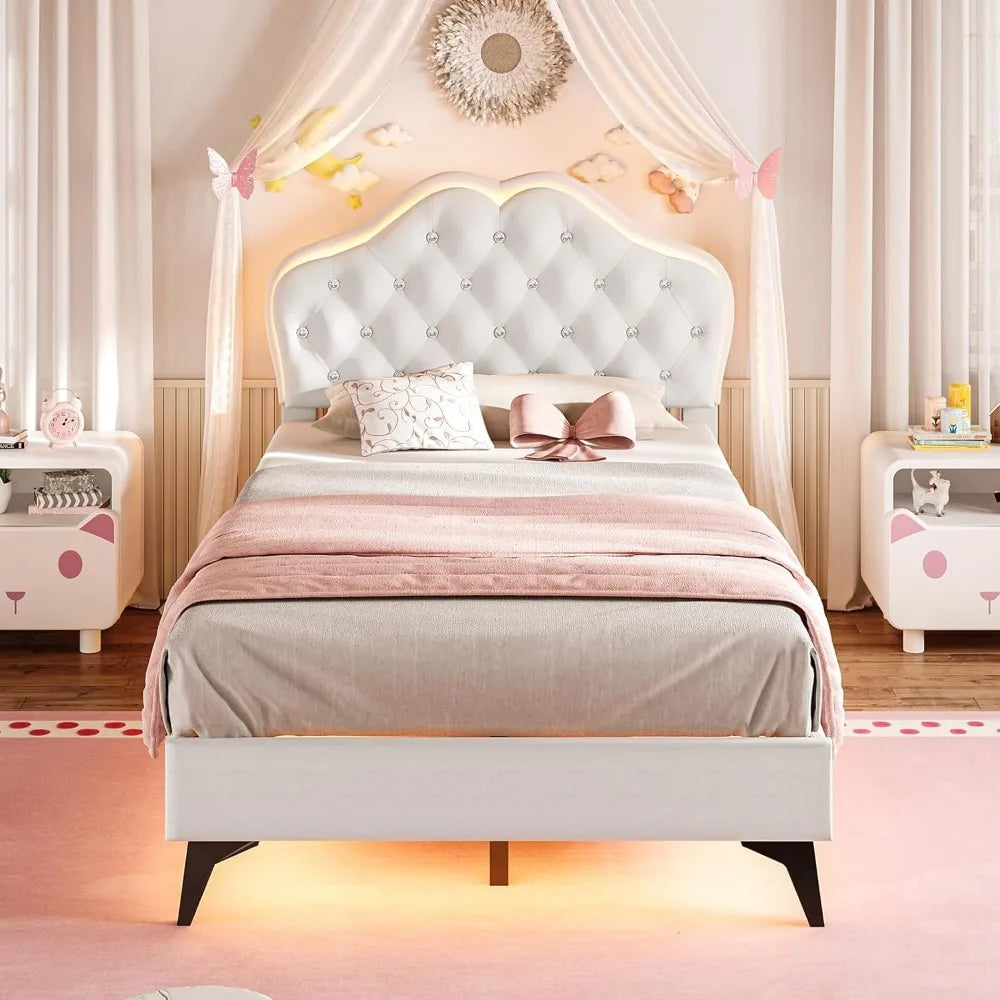 Twin Size Upholstered Bed Frame with LED Lights Adjustable Headboard with Crystal Button