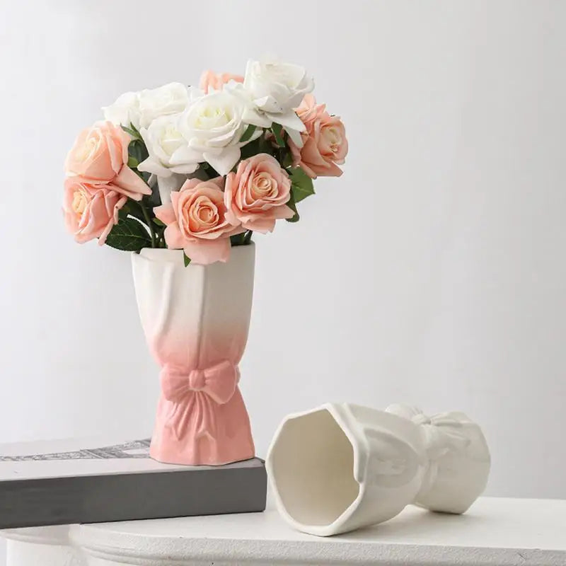 Ceramic Flower Bow Vase Bouquet Vase Plants Pot Dried Flowers Branches Vase Plants Basket Nordic White pink Ceramic Vase