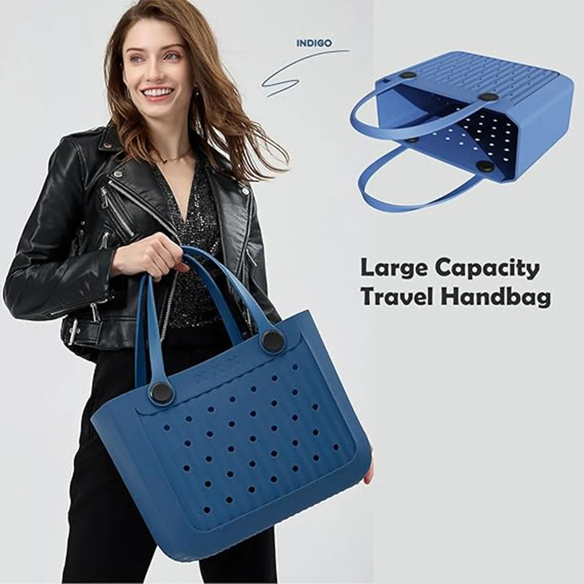 Waterproof EVA Beach Tote Bag, Large Washable Rubber Travel Handbags for Sports Travel Outdoor Anti-Tip Bag Gift for Women