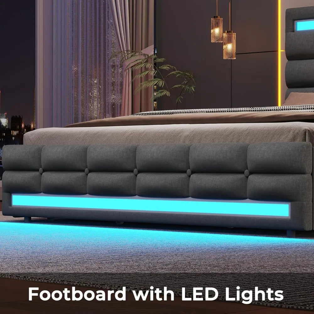 LED Full Size Bed Frame, LED Lights Headboard Footboard, Square Stitched Button Tufted Design, Upholstered Platform Bed Frame