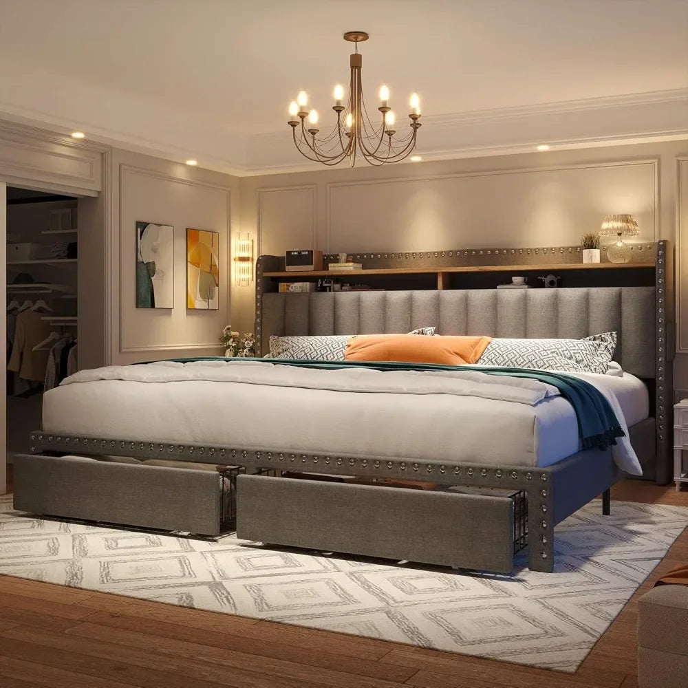 Bed Frame with Storage and Headboard, Upholstered Bed Frame with Storage, Grey Bed Frame with 2 Drawers