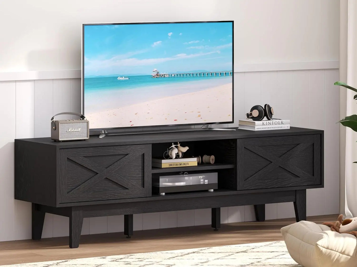 TV Stand for 55 65 Inch TV, Rattan Entertainment Center with Shelves, Cabinets and Sliding Doors, TV Media Console Table