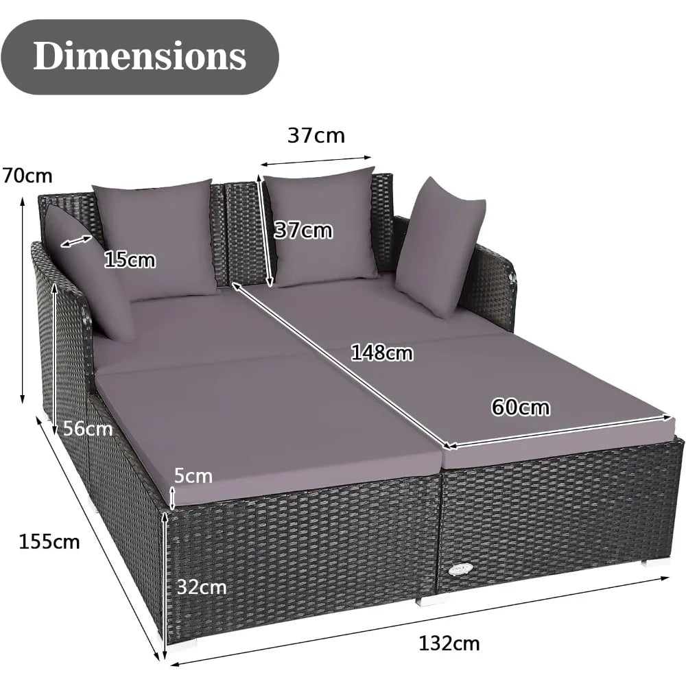 Outdoor Rattan Daybed, Patio Sofa Bed Sun Lounger Couch, Wicker Weave Loveseat Conversation Furniture Set, Deck Chair