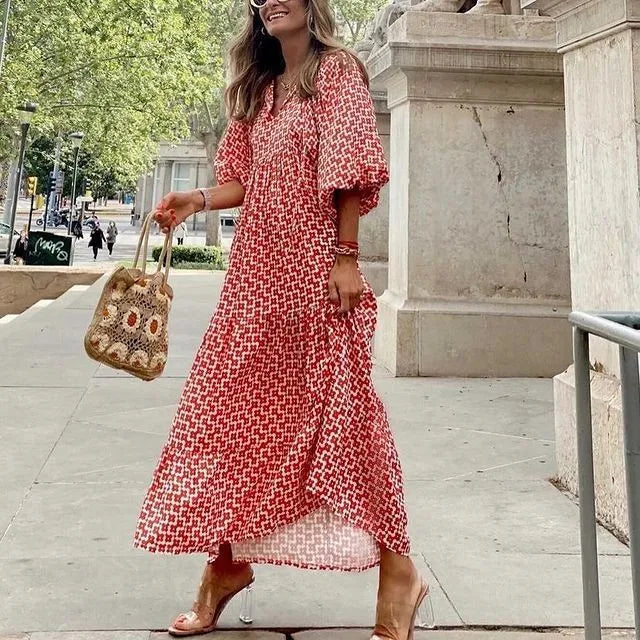 Women Dress Summer Puff SleeveBoho V Neck Printing Long Dress LooseHoliday Beach Female Casual FloralDresses Party Vestidos