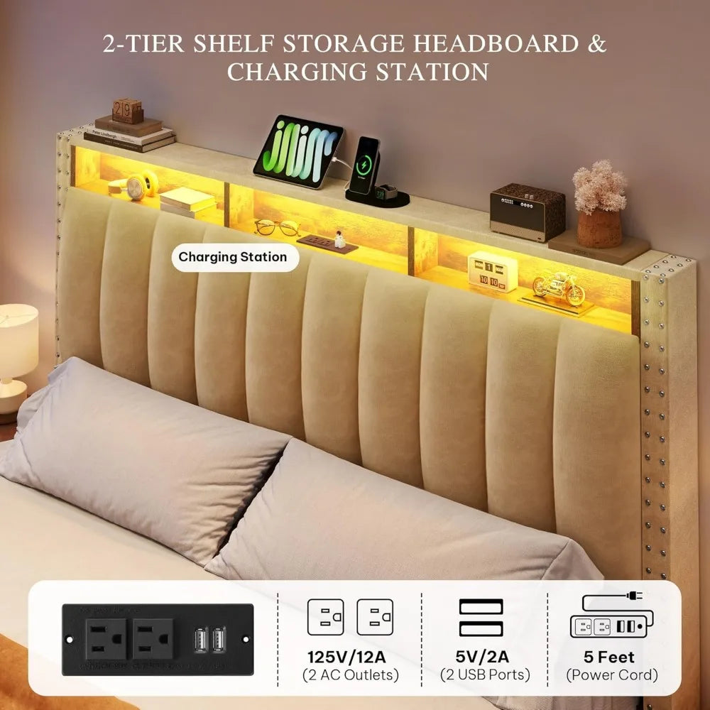 Queen Size Bed Frame with 4Storage Drawers and RGB LED Lights, Velvet Upholstered Platform Bed with Charging Station and Storage