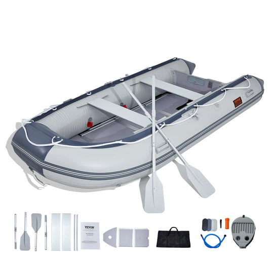 SucceBuy Inflatable Dinghy Boat 6-Person Transom Sport Tender Boat Marine Wood Floor and Adjustable Aluminum Bench Oars Air Pump