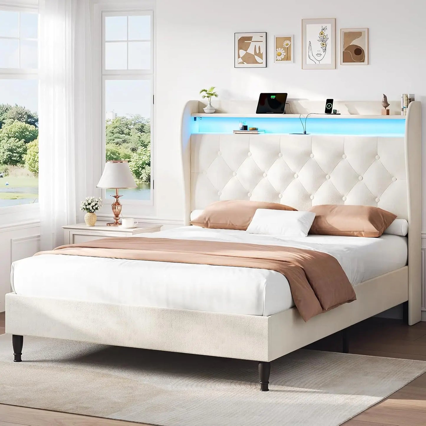 King Size Bed Frame with Tall Headboard, 55.3" Corduroy Upholstered Platform Bedframe with LED Lights & Charging Station