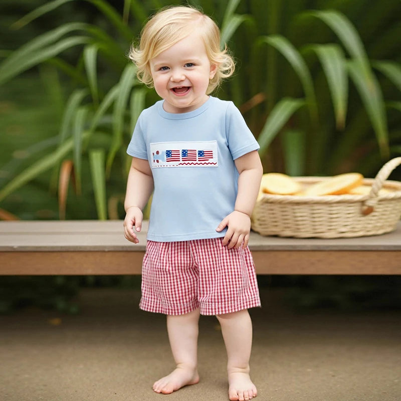 Boys Fourth of July Clothing Set with American Flag Embroidery Round Neck Tee and Elastic Waist Shorts for Independence Day