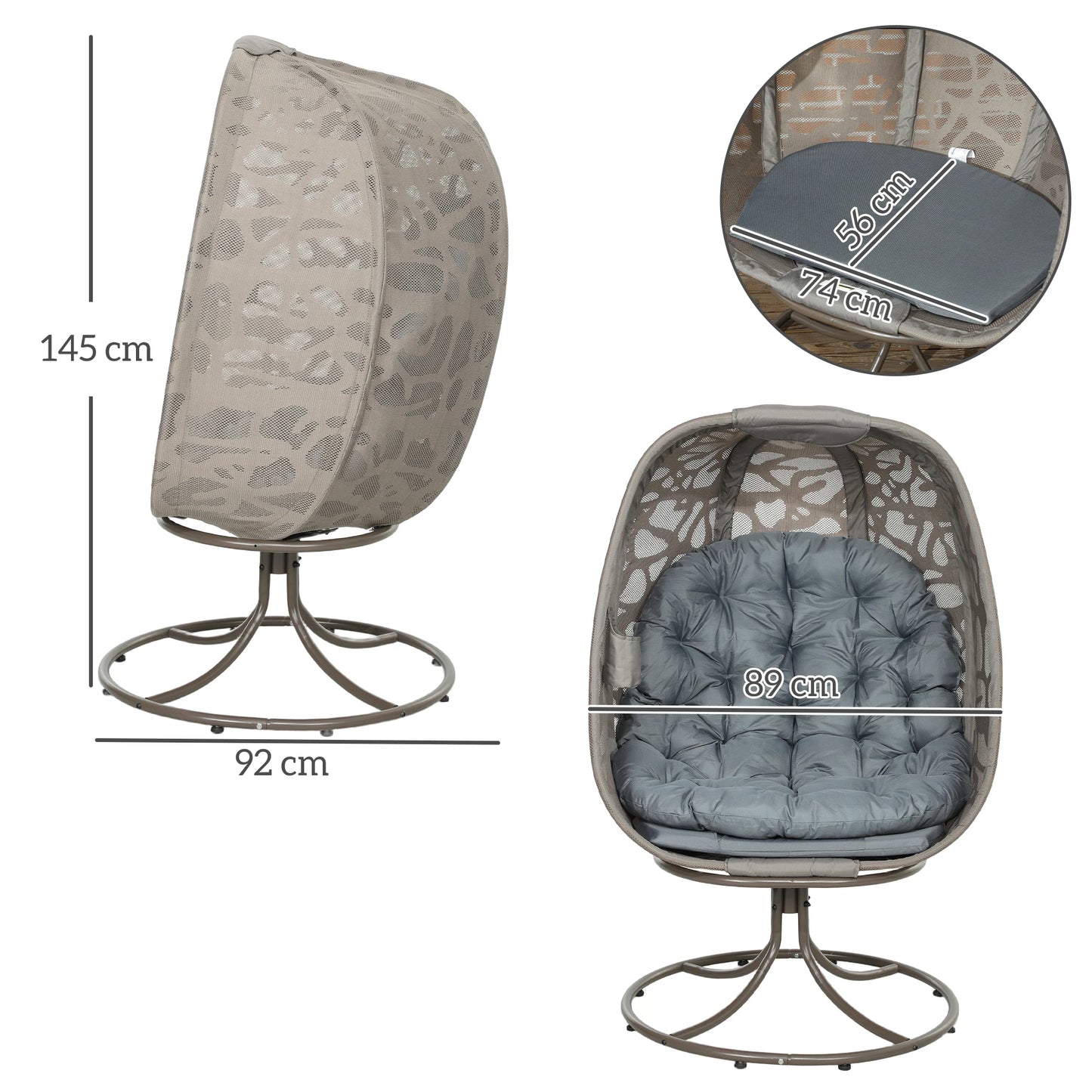 Outsunny Swivel Egg Chair with Cushions, Foldable Basket Seat and Metal Frame, Indoor Outdoor Lounge Chair for Balcony, Patio