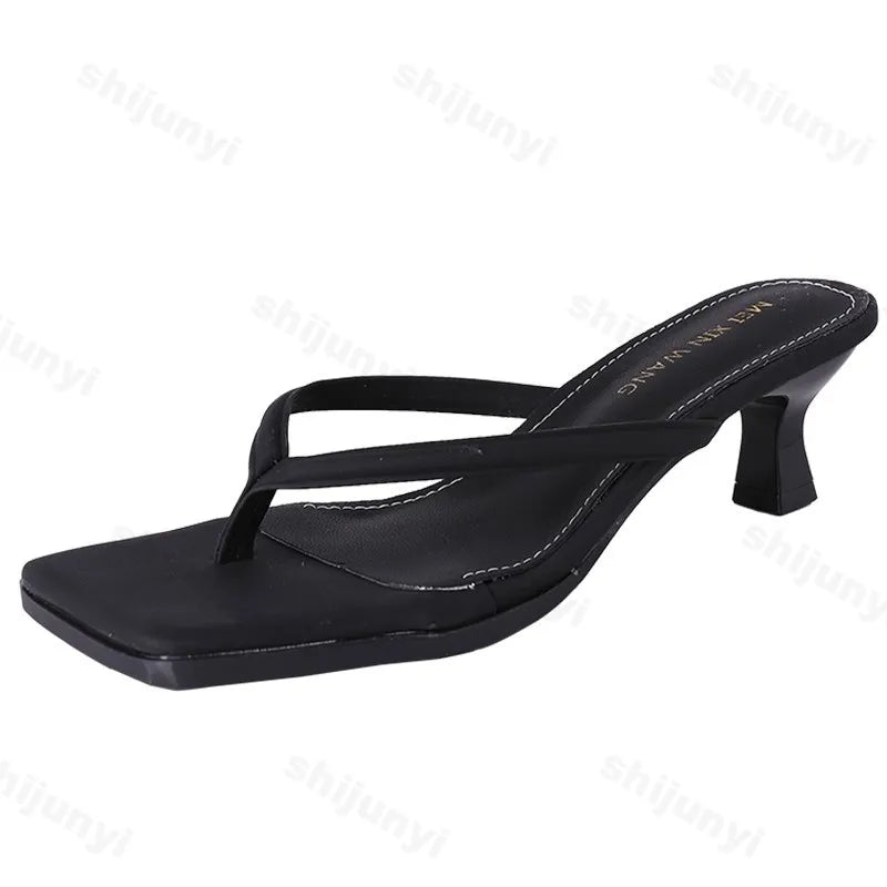 Women's Slippers 2025 Summer Flip Flops High Heel Soft Bottom Fine Heel Casual Rubber Sole Adult Footwear Comfortable Shoes