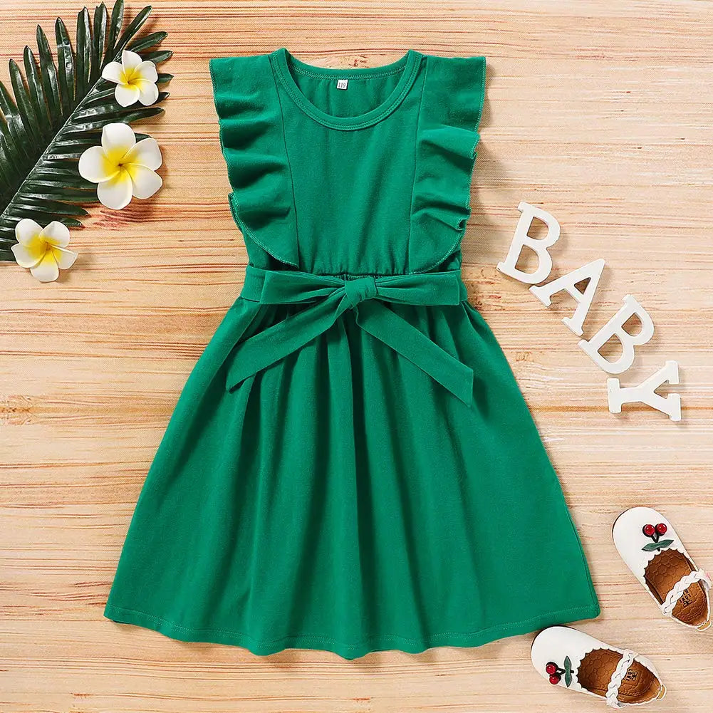 Baby Girls Summer Ruffle Sleeve Cotton Dress Swing Casual Girl Sundress with Belt for 4-8 Years Girls Colorful