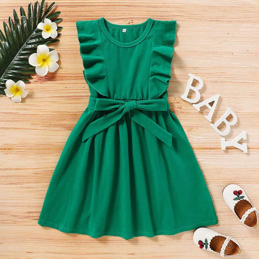 Baby Girls Summer Ruffle Sleeve Cotton Dress Swing Casual Girl Sundress with Belt for 4-8 Years Girls Colorful