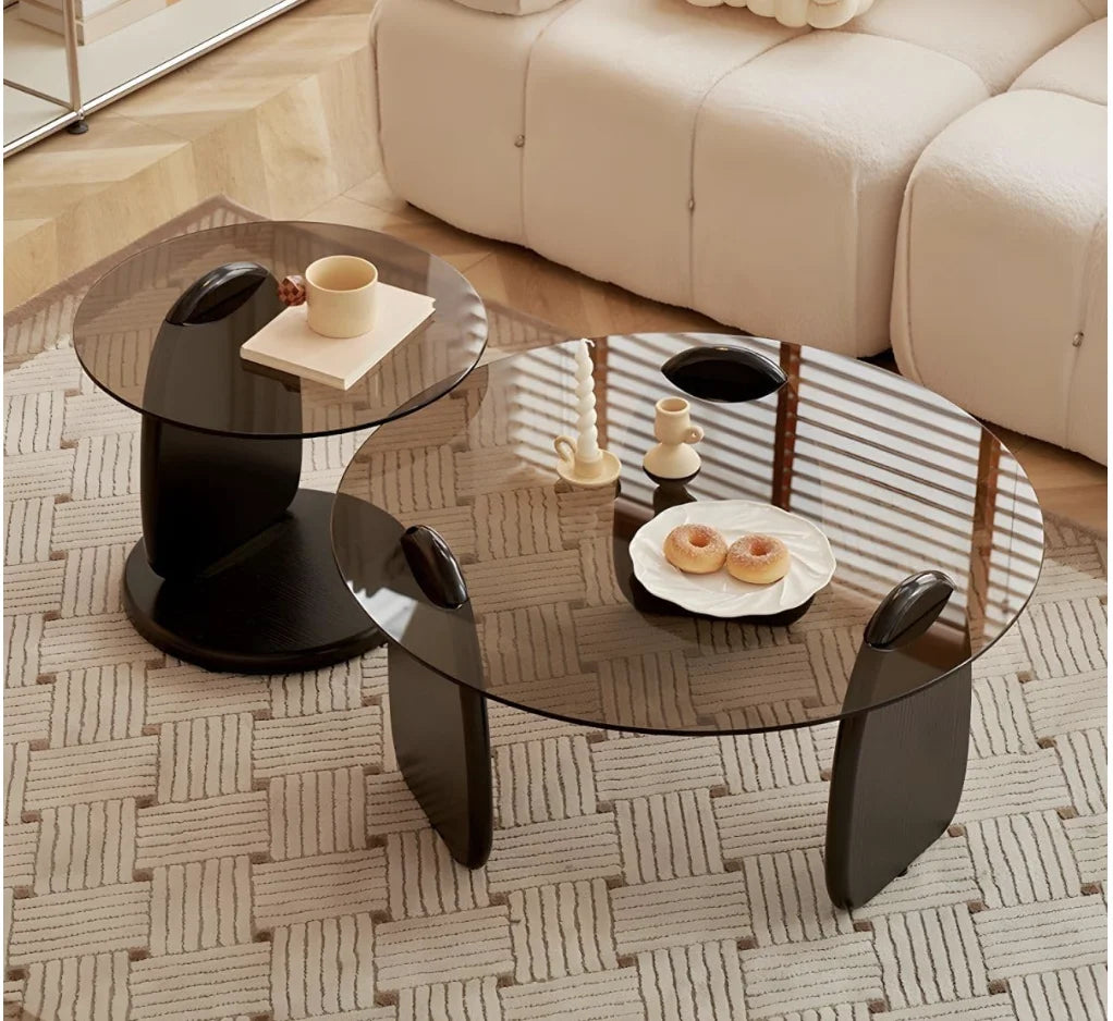 Glass Round Coffee Table Nesting Table Set of 2, Rustic Low Coffee Table Modern Center Table with Wood Base, Brown Glass Accent