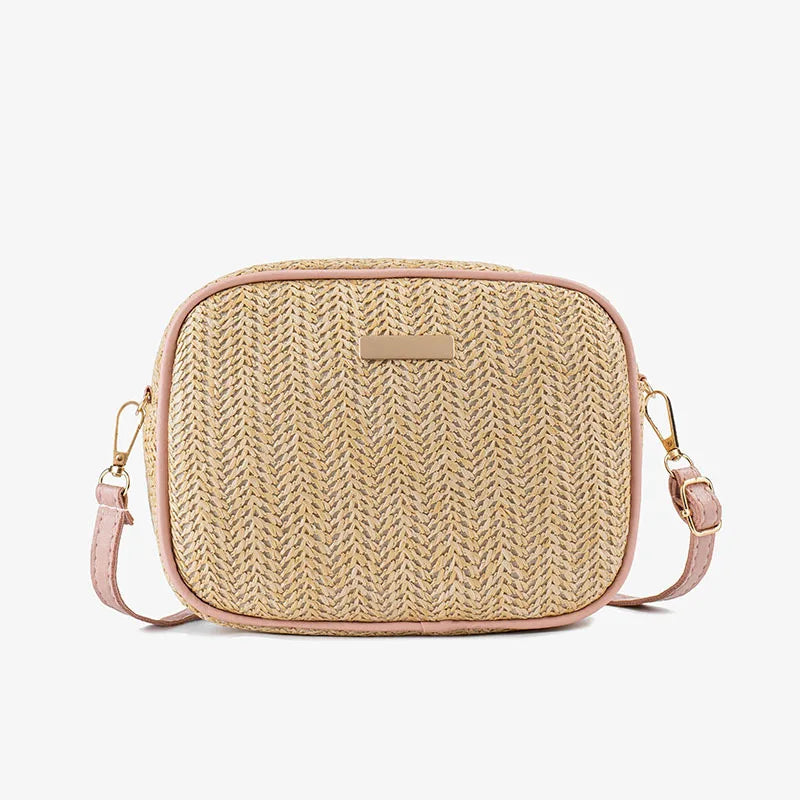 Knitted camera bag with bright film decoration, fashionable and simple grass woven bag, women's crossbody shoulder bag