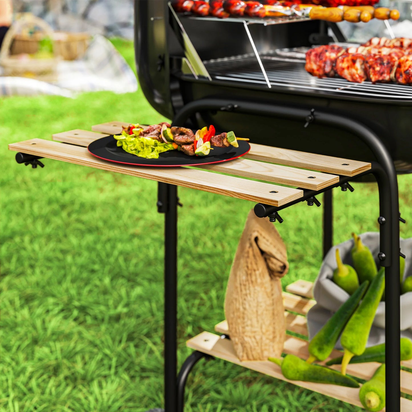 Outsunny Charcoal Barbecue Grill Portable BBQ Grill with 1840 cm² Cooking Area, 3 Shelves, Adjustable Vent, Lockable Lid