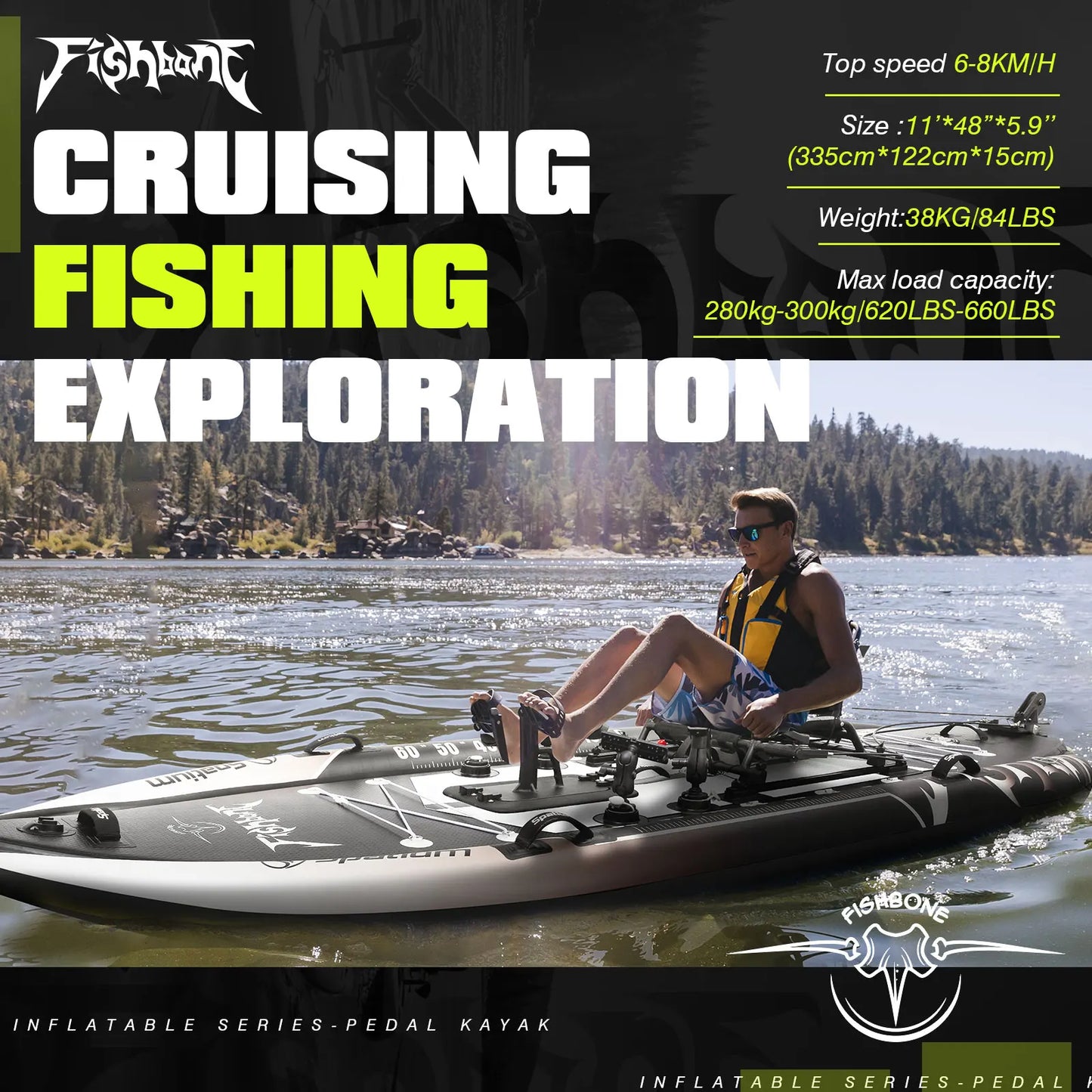 Spatium Fishing Kayak Drop Stitch Pedal Drive Fishing Canoe Rowing Boat Inflatable Kayak,11'*48"*6",Carrying Capacity 660LBS