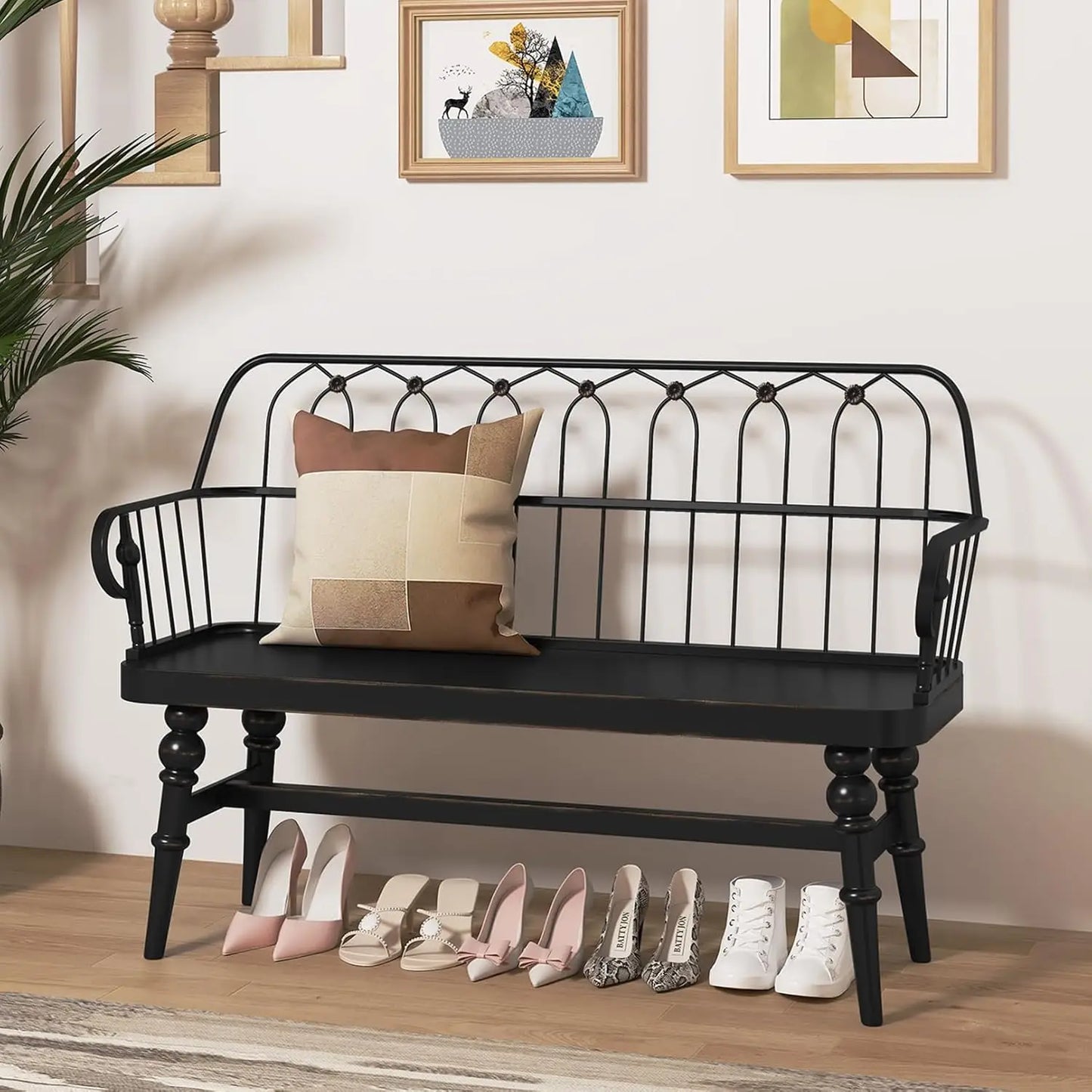 Entryway Bench, Farmhouse Dining Bench with Back, Wooden Indoor Benches Seat with Metal Spindle Back for Entryway, Hallway