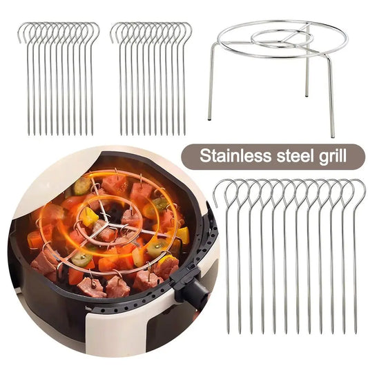 New Stainless Steel Air Fryer Grill Round with Grilled Skewers Hanging Skewers Rack Vertical Grill Rack for Home Kitchen Outdoor