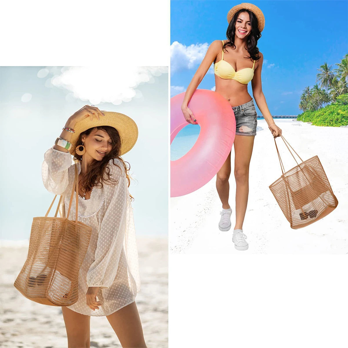 Mesh Beach Tote Womens Shoulder Handbag，Women's Portable Washing and Swimming Clothing Storage Bag