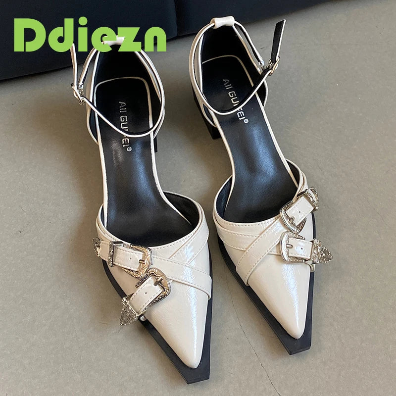 Women High Heels Shoes Ladies Sandals 2025 Pointed Toe Shallow Footwear Thick-Heeled Female Ankle Strap Shoes Fashion Pumps