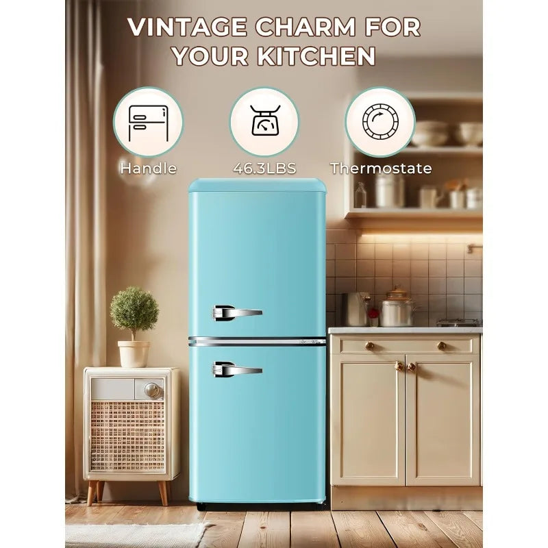 3.8 Cu.Ft Retro Fridge with Bottom Freezer and Drawer, 2 Door Refrigerator with 7 Adjustable Temperature Settings Blue