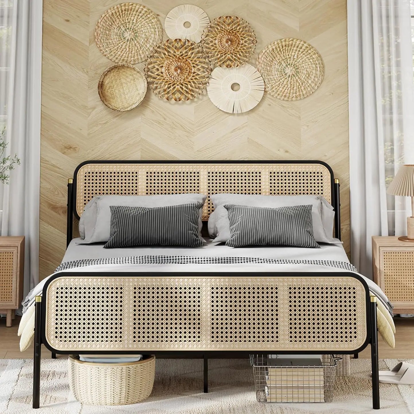 Rattan Bed Frame Queen Size with Headboard, Boho Bed Frame, Queen Bed Frame with Strong Metal Slats Support, Easy Assembly