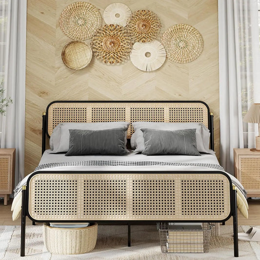 Rattan Bed Frame Queen Size with Headboard, Boho Bed Frame, Queen Bed Frame with Strong Metal Slats Support, Easy Assembly