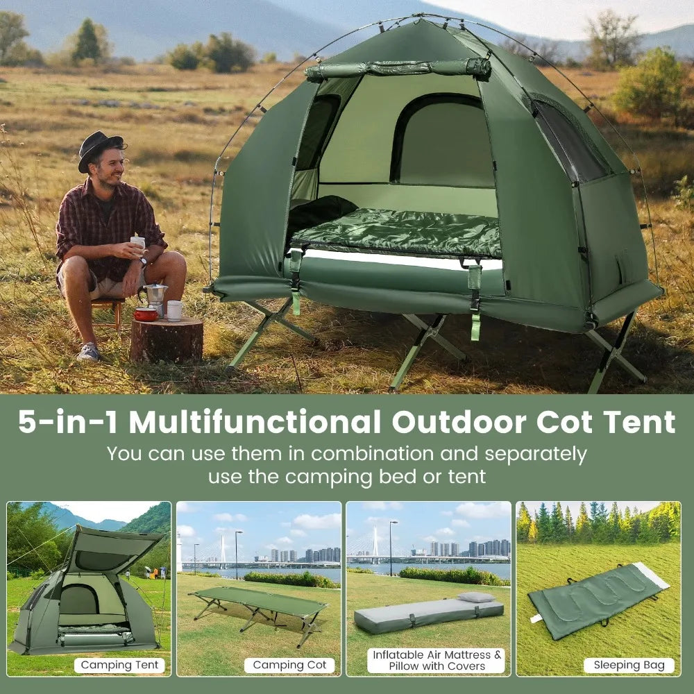 1-Person Waterproof Camping Tent Cot with Air Mattress, Pillow, Sleeping Bag