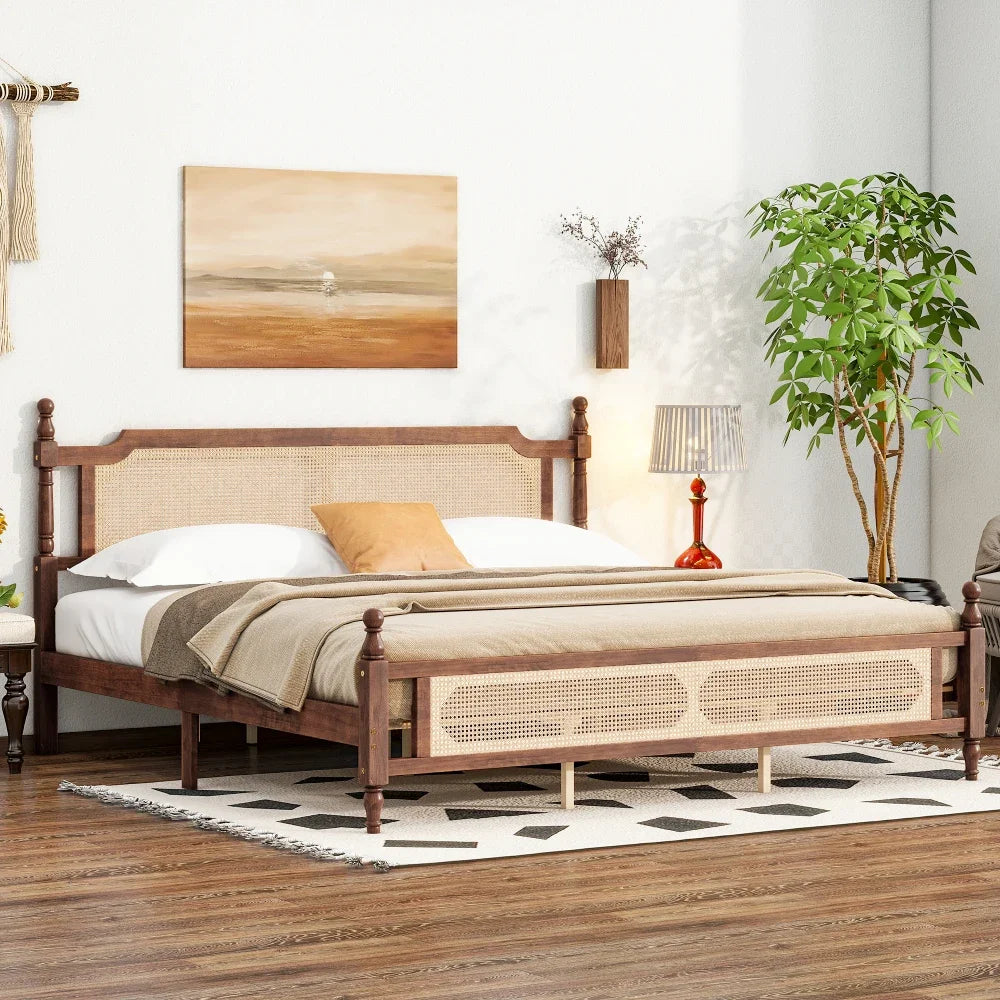 King Pine wooden Bed with Rattan Headboard  and Footboard, with  Central Enhanced Bed Platform,Walnut