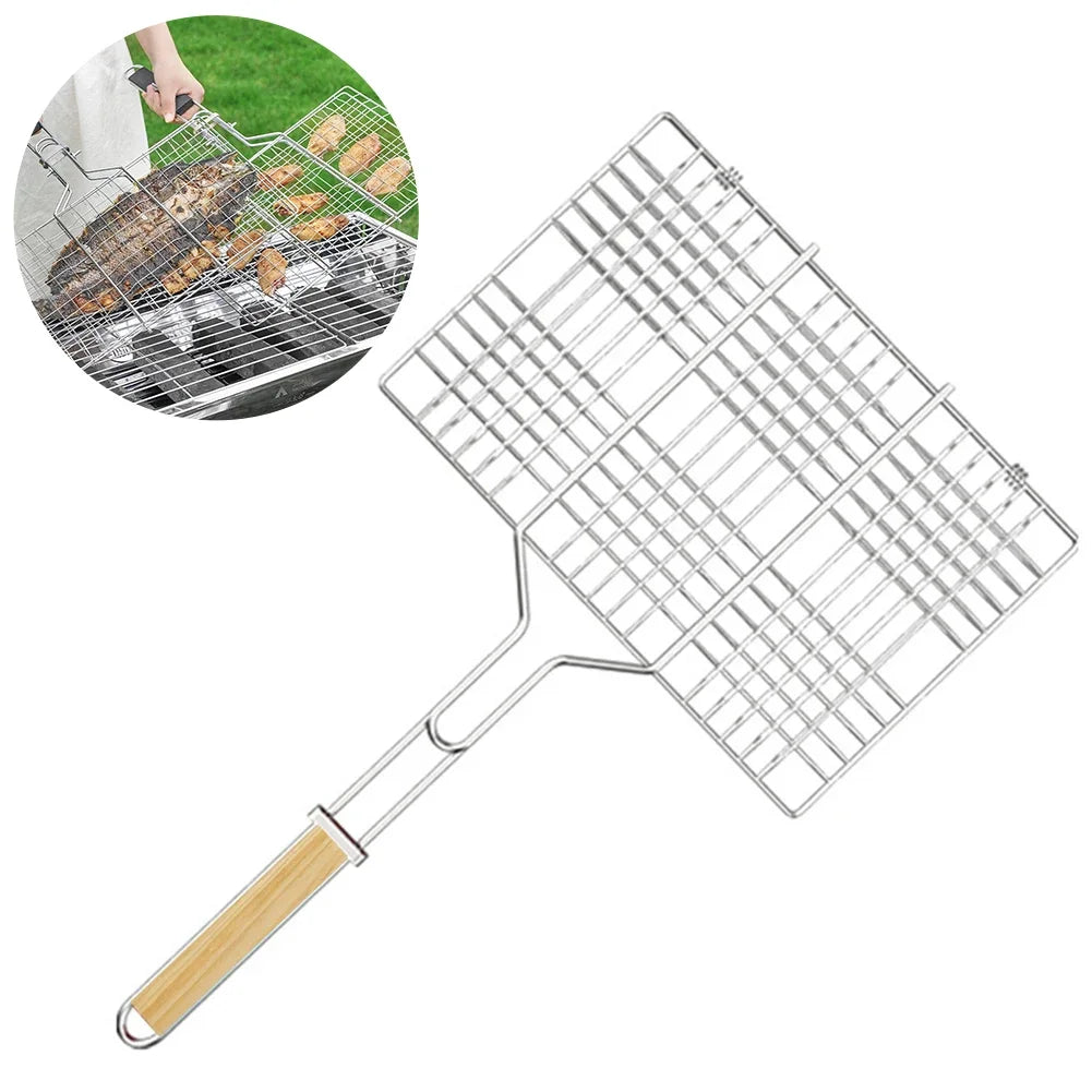 Portable Stainless Steel Grill Rack Outdoor Barbecue Fish Grilling Basket Wooden Handle Bbq Tool Camping Picnic Kitchen