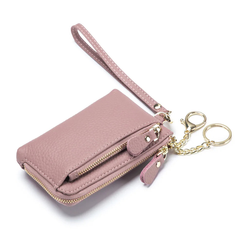 Mini Genuine Leather Women's Lychee Pattern Wallet Zipper Around Card Coin Purse with Detachable Wrist Strap Handbag