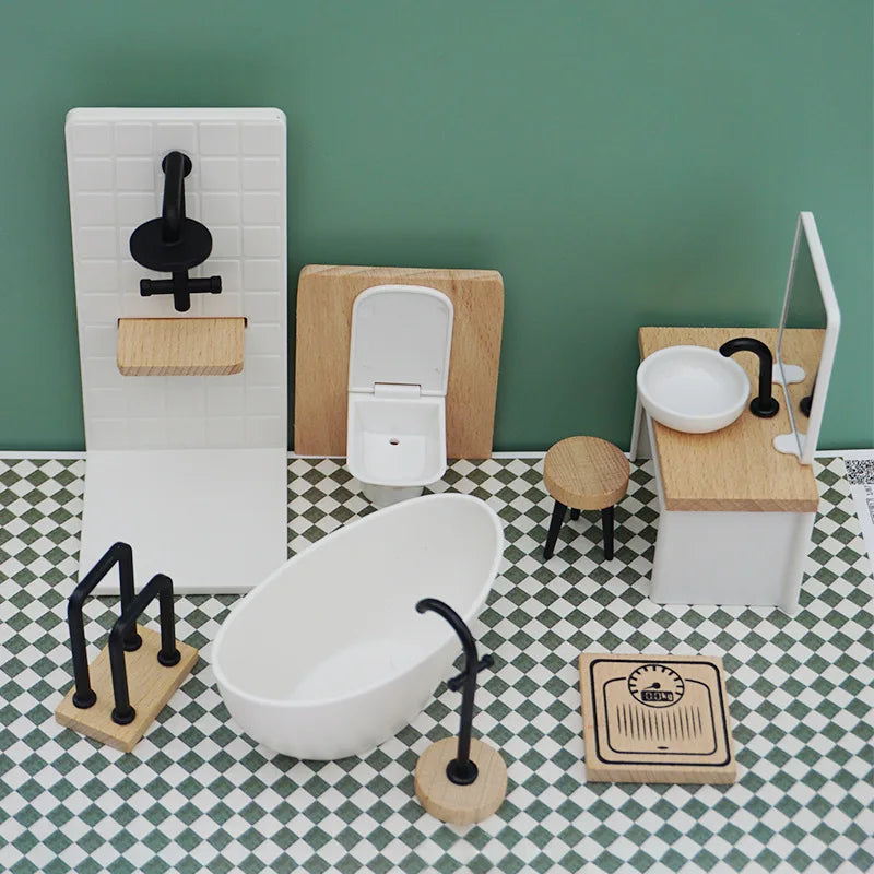 1:12 Dollhouse Bathtub Sink Toilet Towel Rack Miniature Mini Wood Bathroom Furniture Scene Ornaments Play House Toys Home Decor