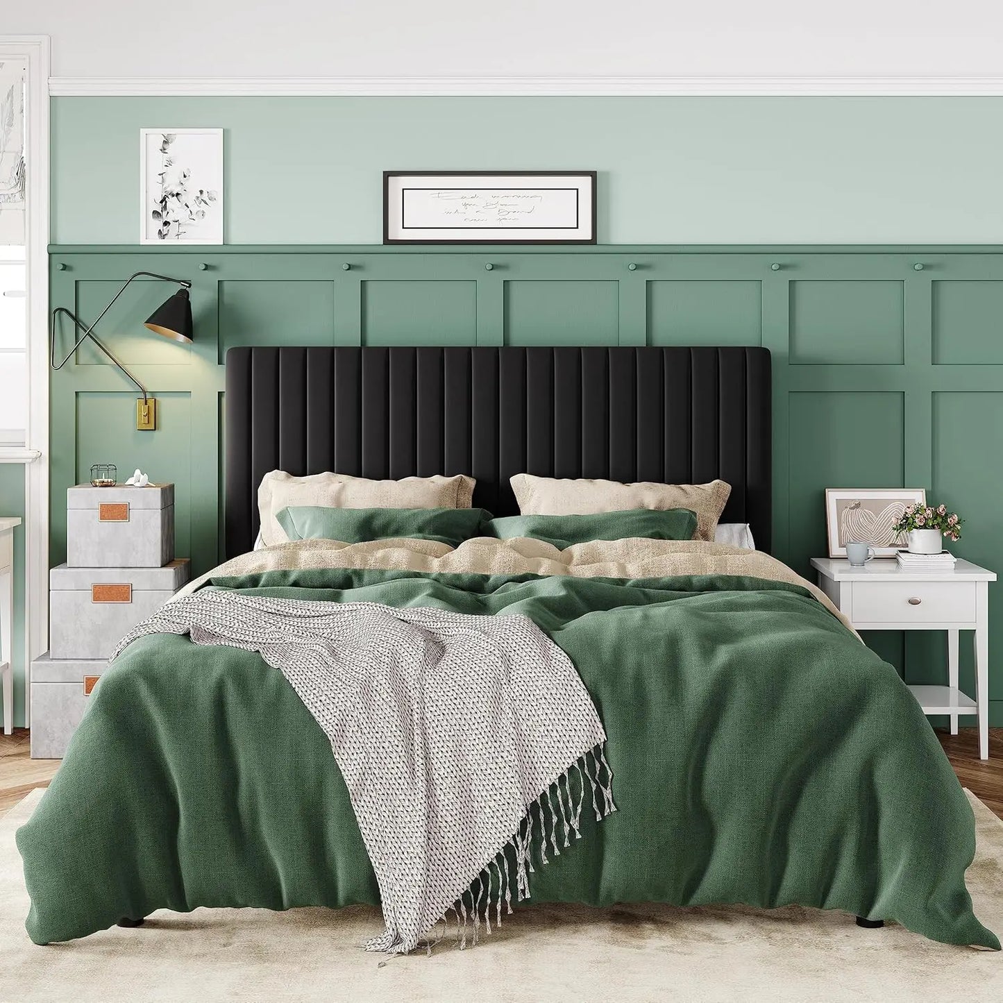 Queen Bed Frame, Velvet Upholstered Platform Bed With Vertical Channel Tufted Headboard, Mattress Foundation With Strong Wooden