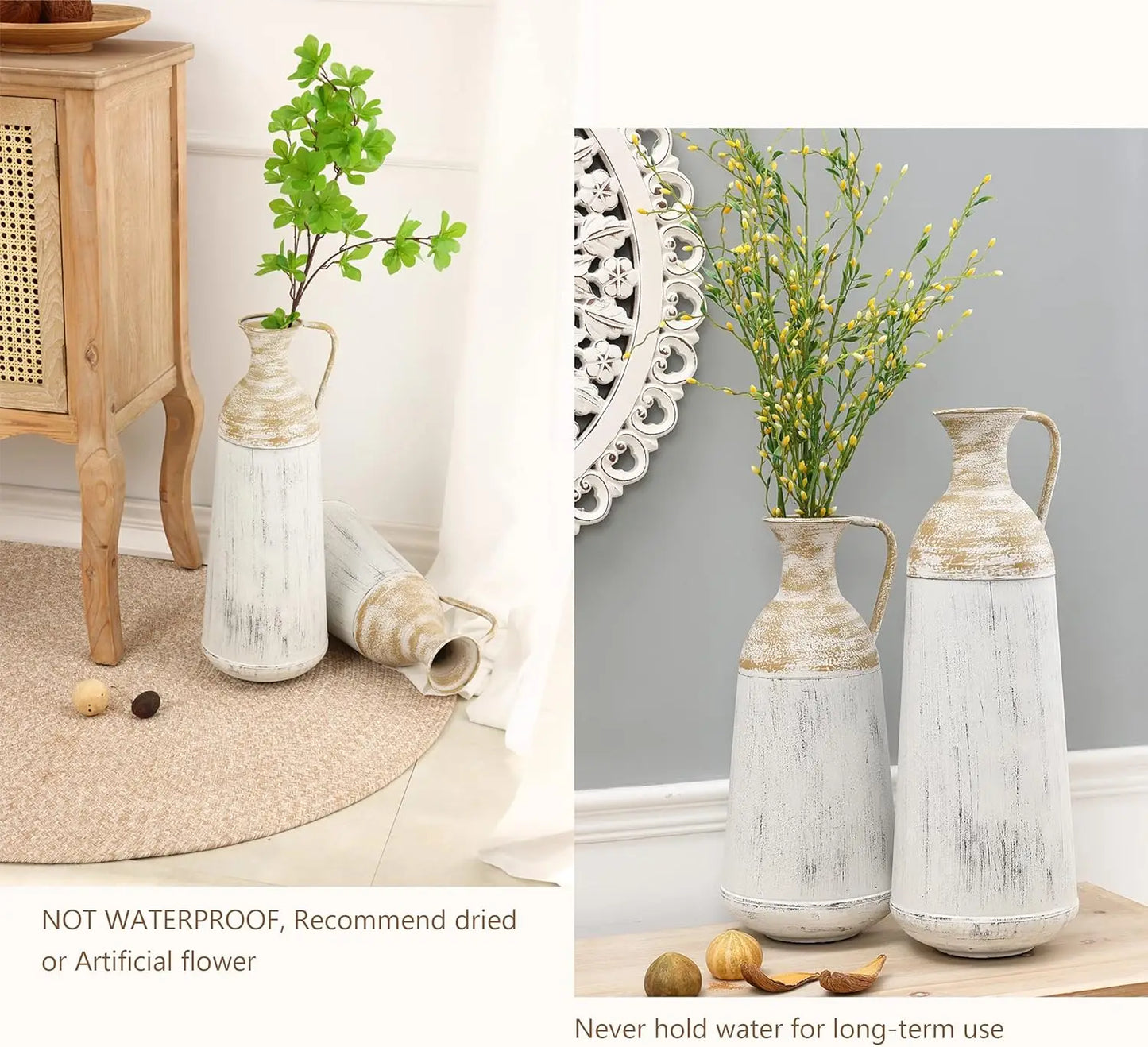 Tall Floor Vase, Tall Vase Decor Set of 2, Distressed Off White and Brown Rustic Floor Vase, Tall Vases for Floor