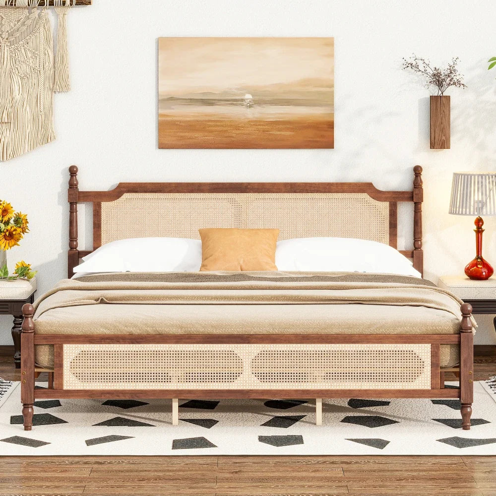 King Pine wooden Bed with Rattan Headboard  and Footboard, with  Central Enhanced Bed Platform,Walnut