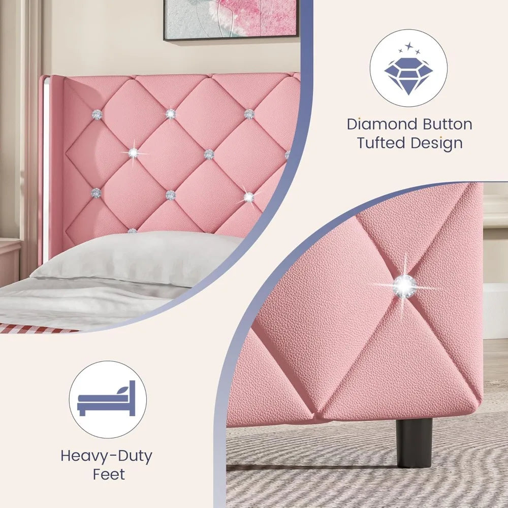 Queen Size Bed Frame with Diamond Headboard, Pink Bed Frame Queen, Upholstered Platform Bed Frame Faux Leather