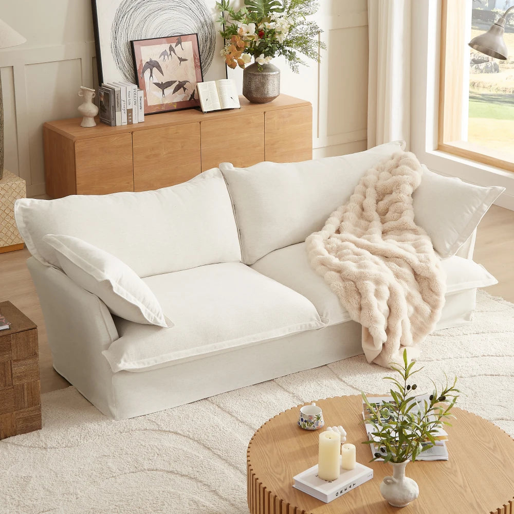 87'' Upholstered Cloud Sofa,3 Seat Fabric Couch with Pillows,Concealed Legs and Washable Covers for Living Room,Apartment,Ivory