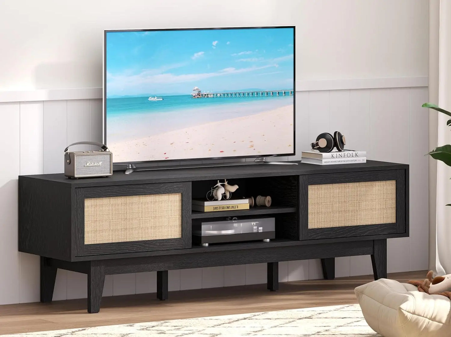 TV Stand for 55 65 Inch TV, Rattan Entertainment Center with Shelves, Cabinets and Sliding Doors, TV Media Console Table