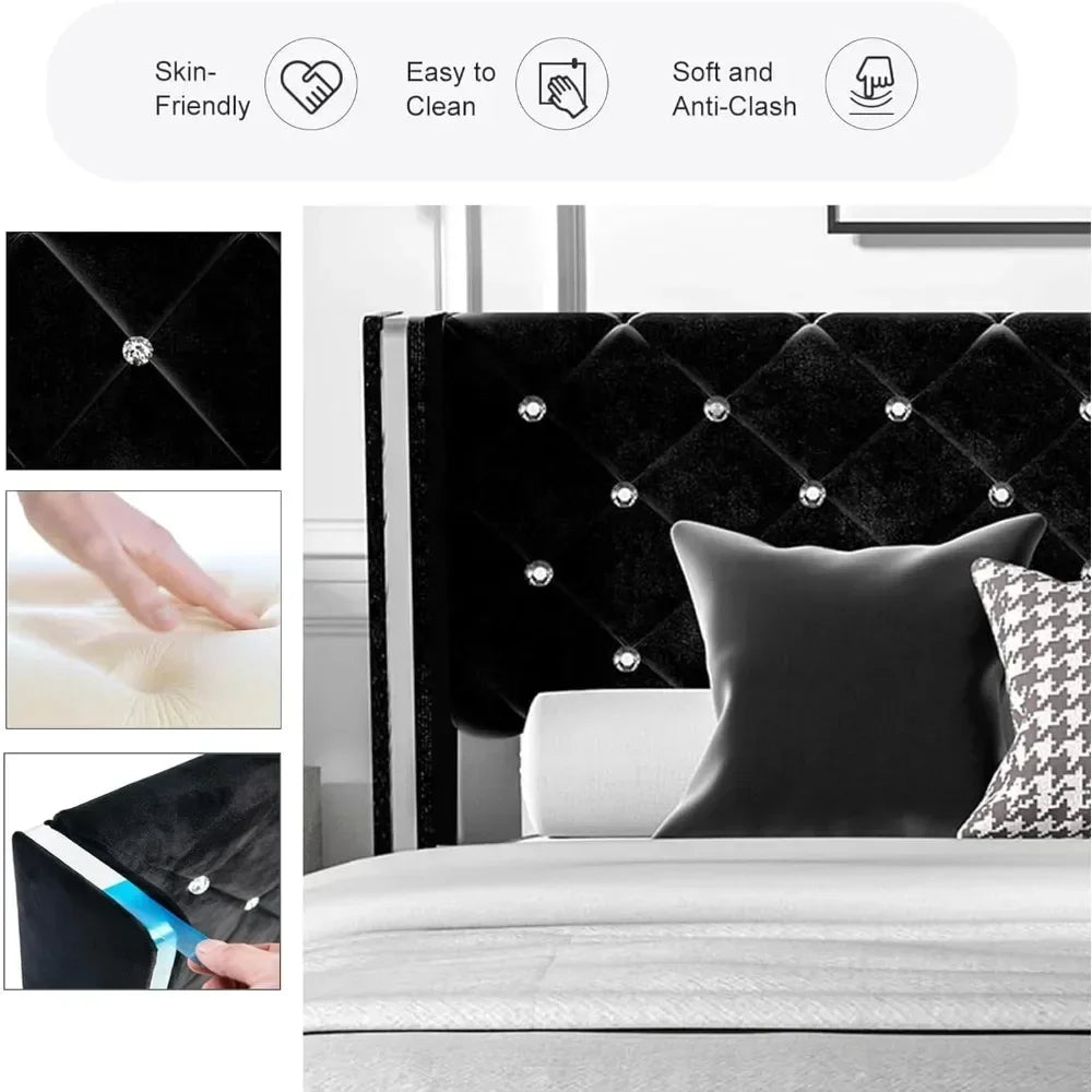 King Size Bed Frame with Wingback, Upholstered Beds Frames with Diamond Tufted Headboard and Footboard, No Box Spring Needed