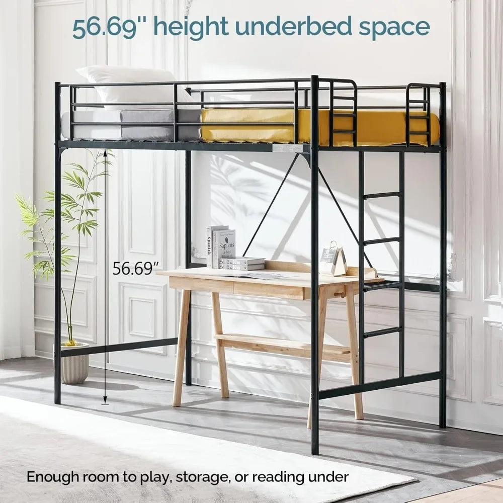 Flat Ladder Rung for Kids Teens Adults Heavy Duty Metal Single Bunk Bed Loft with Safety Guard Rails for Small Space