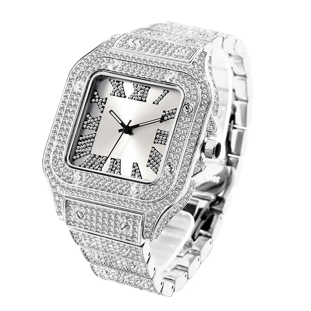 Aokaishen Iced Out Diamonds Watches 2023 Trend Stainless Steel Wristwatches for men Full Stones Zircon Quartz Square Gift