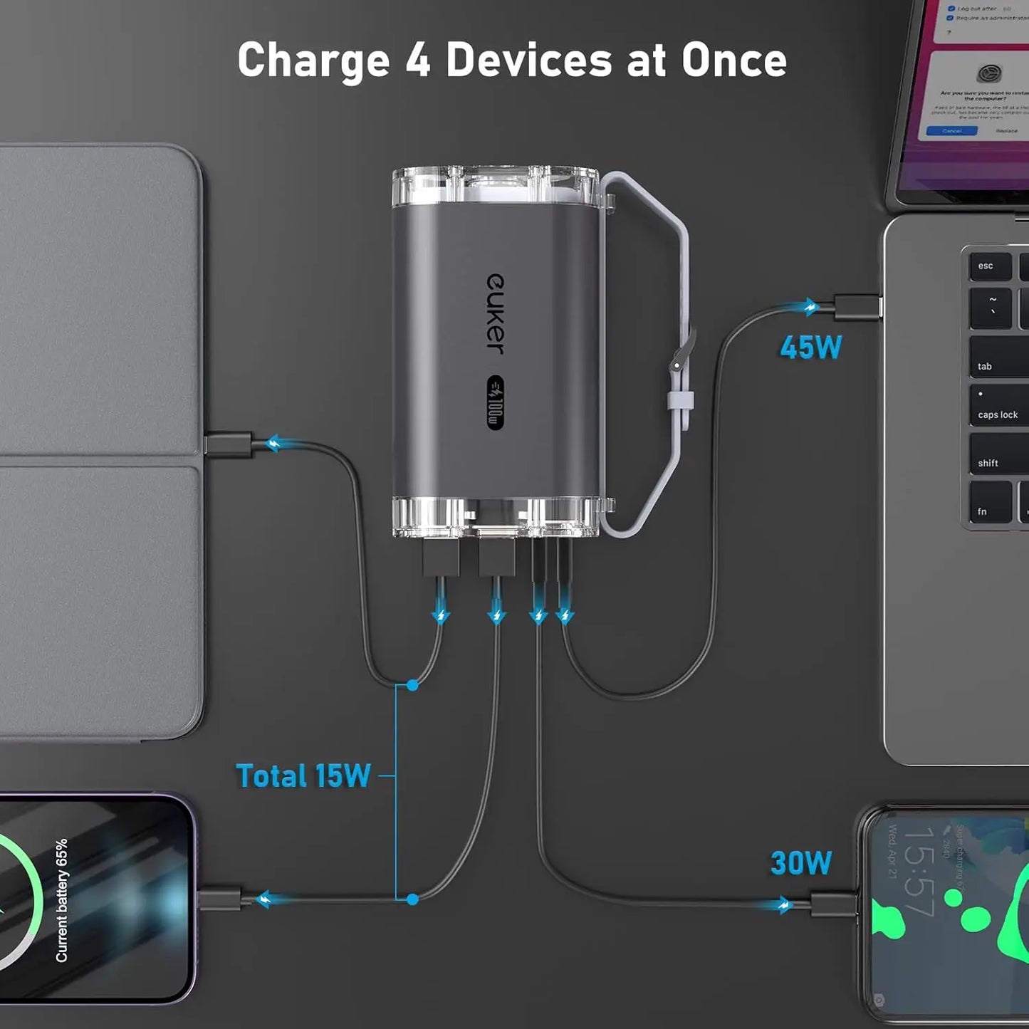 Power Bank 40000mAh 100W Laptop Portable Charger 4 Ports IP67 with LED Lights Power Station Battery Pack for iPhone Laptop
