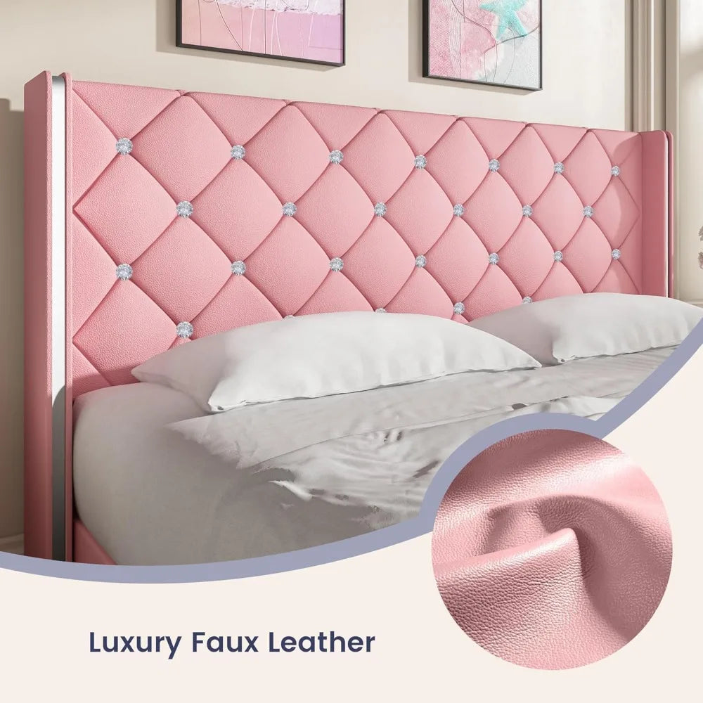 Queen Size Bed Frame with Diamond Headboard, Pink Bed Frame Queen, Upholstered Platform Bed Frame Faux Leather