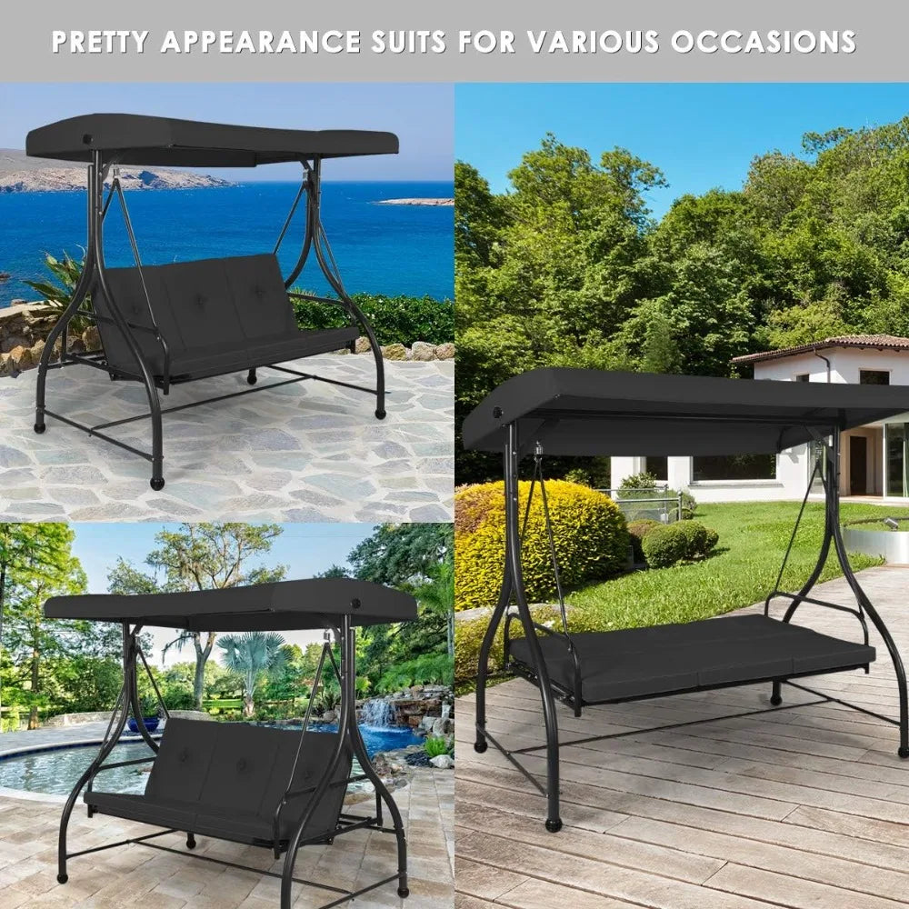 Garden Swing Chair, 3 Seater with Adjustable Canopy and Cushions, Steel Frame Porch Patio Swing Seat Lounger, Patio Swing Bench