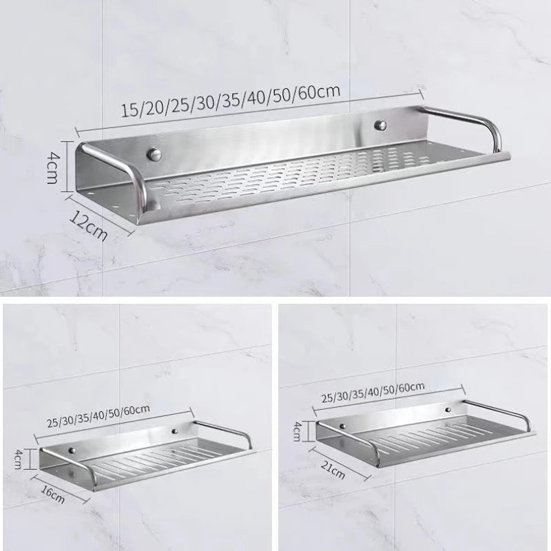 Bathroom Shelf Organizer Storage Wall Mounted Shelves Kitchen Shower Rack Stainless Steel Shampoo Holder Drain Water Accessories