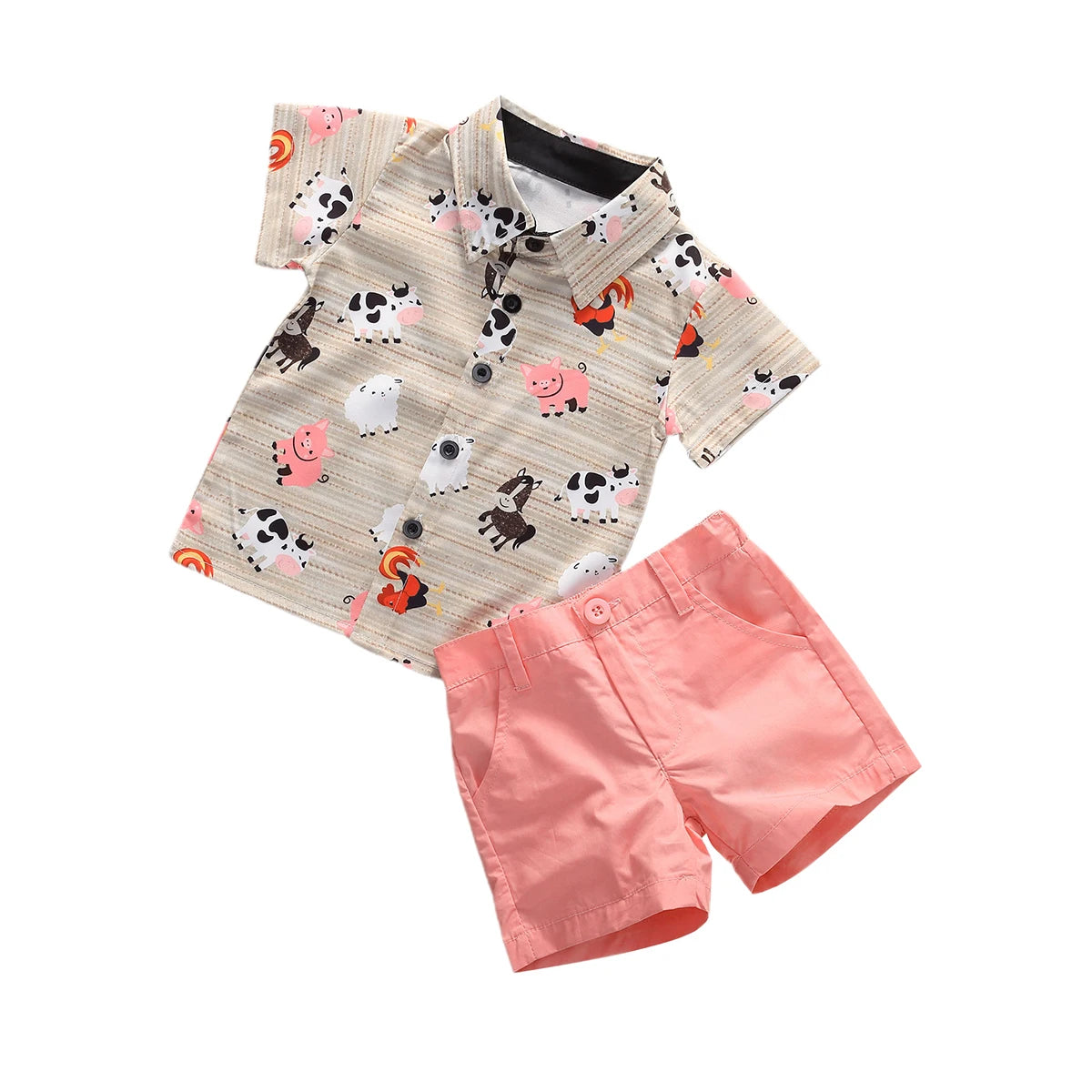 Lioraitiin 0-5years Toddler Boy Summer Clothes Set, Short Sleeve Printed Button Shirt+Solid Color Shorts Outfit