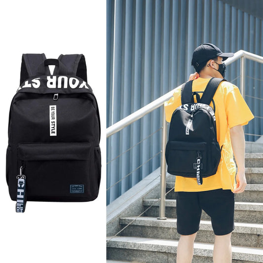 Men School Backpack Black Nylon Bagpack Anti Theft Rucksack Casual Large Capacity Solid Color Waterproof Nylon Casual Backpack